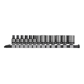A side view of the Sealey Socket Set 13pc 1/4"Sq Drive Metric - Black Series - AK7990 showcases an array of chrome vanadium steel socket wrenches in various sizes, neatly arranged on a black rail for superior corrosion resistance.