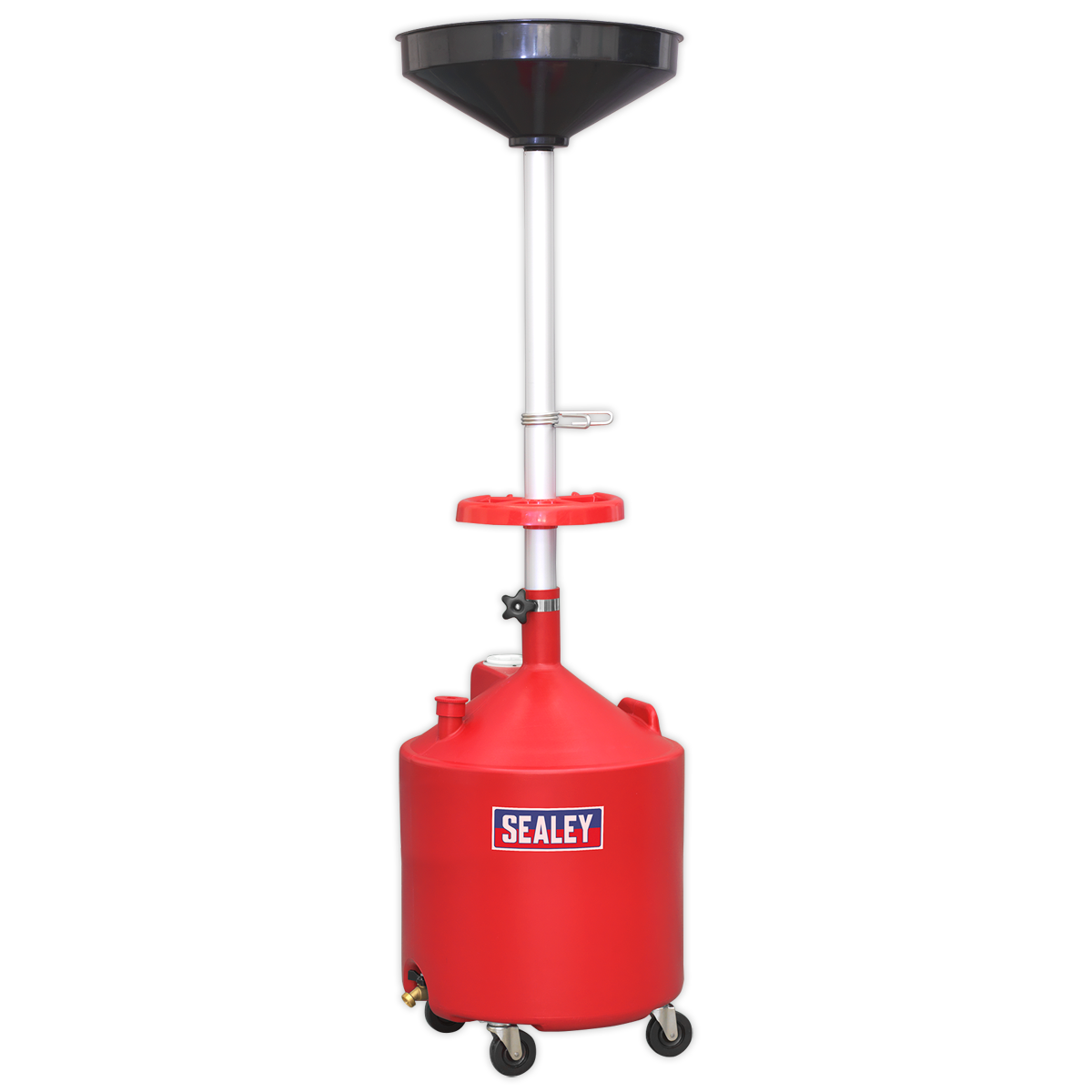 The Sealey Mobile Oil Drainer 80L - Gravity Discharge - AK80D is a red oil drainer equipped with a funnel on top, a height-adjustable pole, and wheels at the base for easy mobility. It features an 80L capacity polyethylene reservoir.