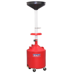 The Sealey Mobile Oil Drainer 80L - Gravity Discharge - AK80D is a red oil drainer equipped with a funnel on top, a height-adjustable pole, and wheels at the base for easy mobility. It features an 80L capacity polyethylene reservoir.