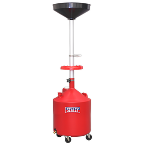 The Sealey Mobile Oil Drainer 80L - Gravity Discharge - AK80D is a red oil drainer equipped with a funnel on top, a height-adjustable pole, and wheels at the base for easy mobility. It features an 80L capacity polyethylene reservoir.