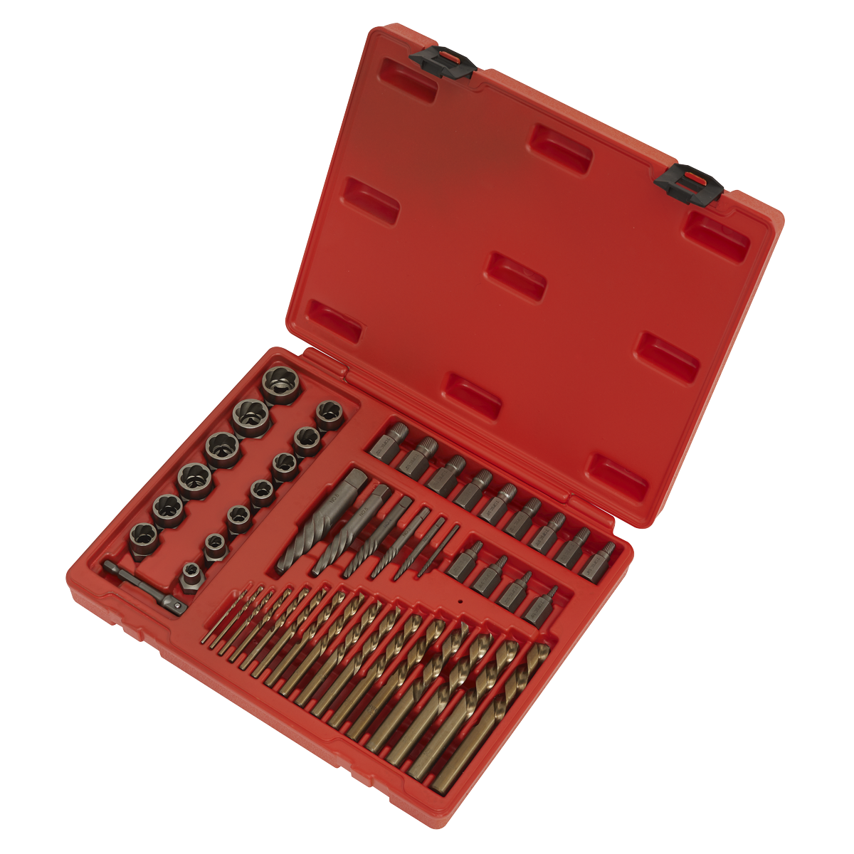 A Master Extractor Set 49pc by Sealey is open, displaying an array of drill bits, screwdrivers, and spiral flute extractors in neatly organized slots.