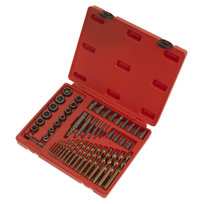 A Master Extractor Set 49pc by Sealey is open, displaying an array of drill bits, screwdrivers, and spiral flute extractors in neatly organized slots.