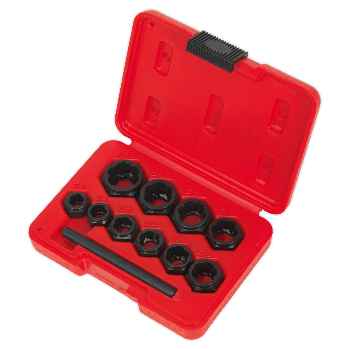 The "Bolt Extractor Set 11pc Spanner Type - AK8183" by Sealey includes a red hard plastic case containing nine black round-shaped metal tools and a black rod, all crafted from durable Chrome Molybdenum steel for effectively tackling damaged nuts and bolts.