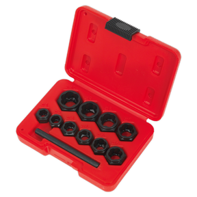 The "Bolt Extractor Set 11pc Spanner Type - AK8183" by Sealey includes a red hard plastic case containing nine black round-shaped metal tools and a black rod, all crafted from durable Chrome Molybdenum steel for effectively tackling damaged nuts and bolts.