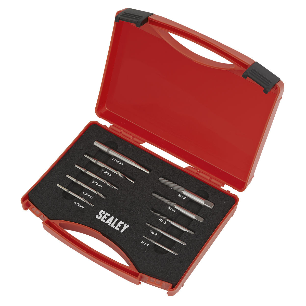 A Sealey Step Drill Screw/Bolt Extractor Set 10pc - AK8187 in red, featuring a set of assorted-sized drill bits, step drill bits, and screw extractors, all neatly arranged in a foam insert.