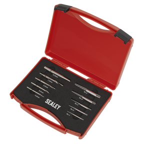 A Sealey Step Drill Screw/Bolt Extractor Set 10pc - AK8187 in red, featuring a set of assorted-sized drill bits, step drill bits, and screw extractors, all neatly arranged in a foam insert.