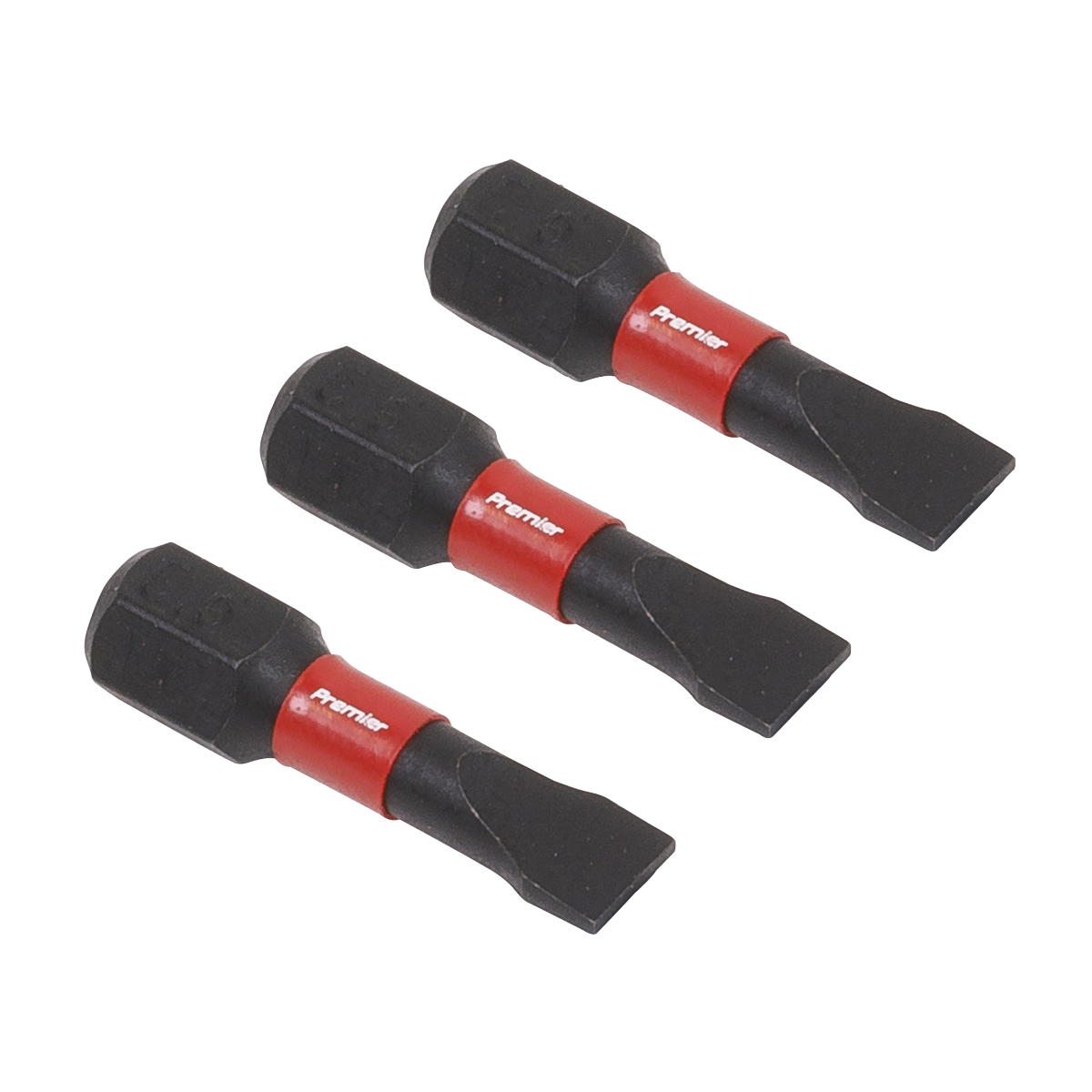 Three identical Slotted 5.5mm Impact Power Tool Bits by Sealey, arranged side by side on a white background, showcase the durability and precision of Premier Hand Tools.