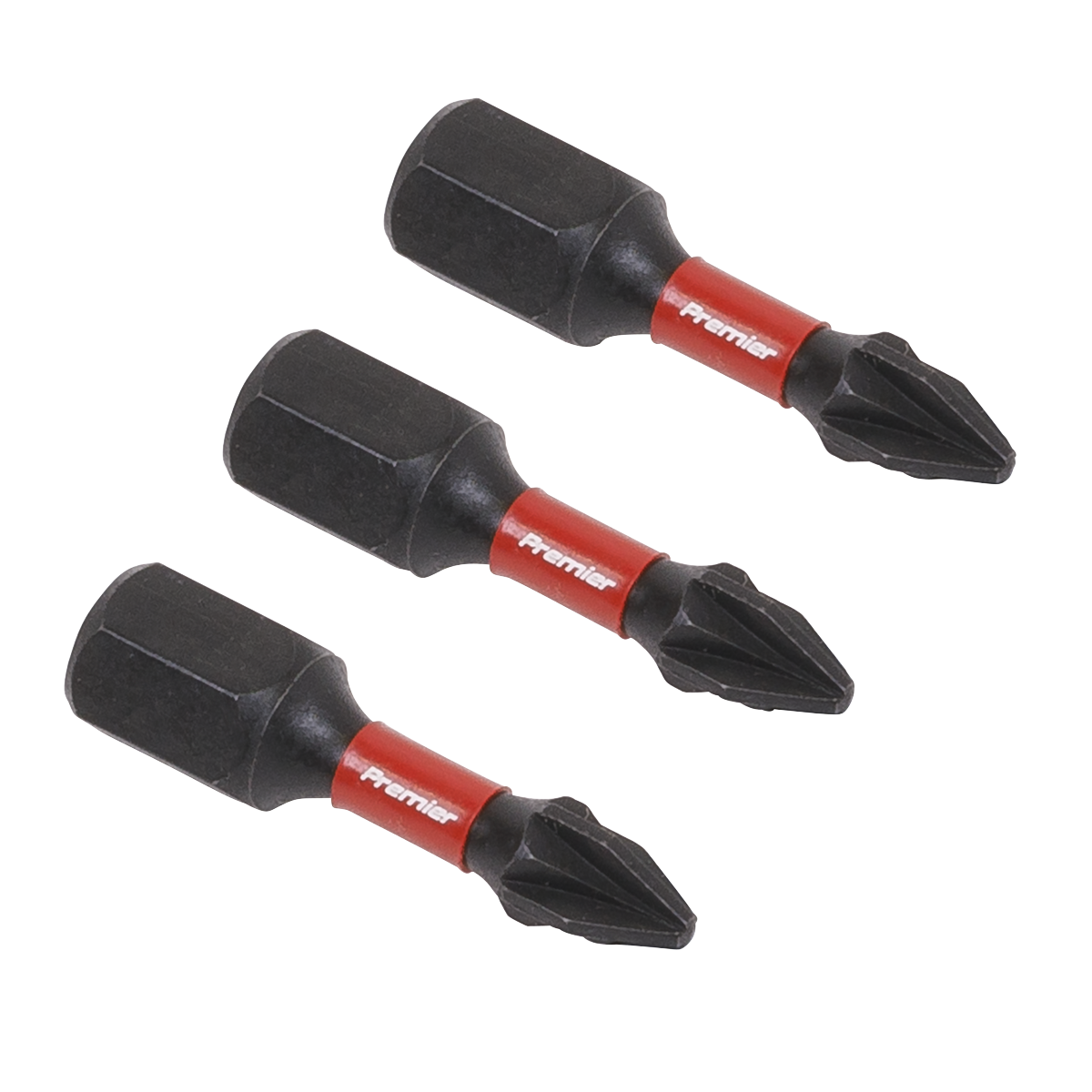 Three black Pozi #1 impact power tool bits, measuring 25mm and branded as "Sealey," are arranged diagonally against a white background. Each bit features a red band and is labeled "AK8207," showcasing the high-quality S2 steel used in these professional hand tools.