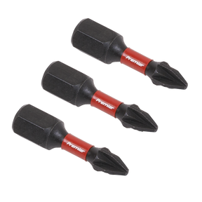 Three black Pozi #1 impact power tool bits, measuring 25mm and branded as "Sealey," are arranged diagonally against a white background. Each bit features a red band and is labeled "AK8207," showcasing the high-quality S2 steel used in these professional hand tools.