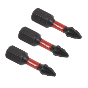 Three black Pozi #1 impact power tool bits, measuring 25mm and branded as "Sealey," are arranged diagonally against a white background. Each bit features a red band and is labeled "AK8207," showcasing the high-quality S2 steel used in these professional hand tools.