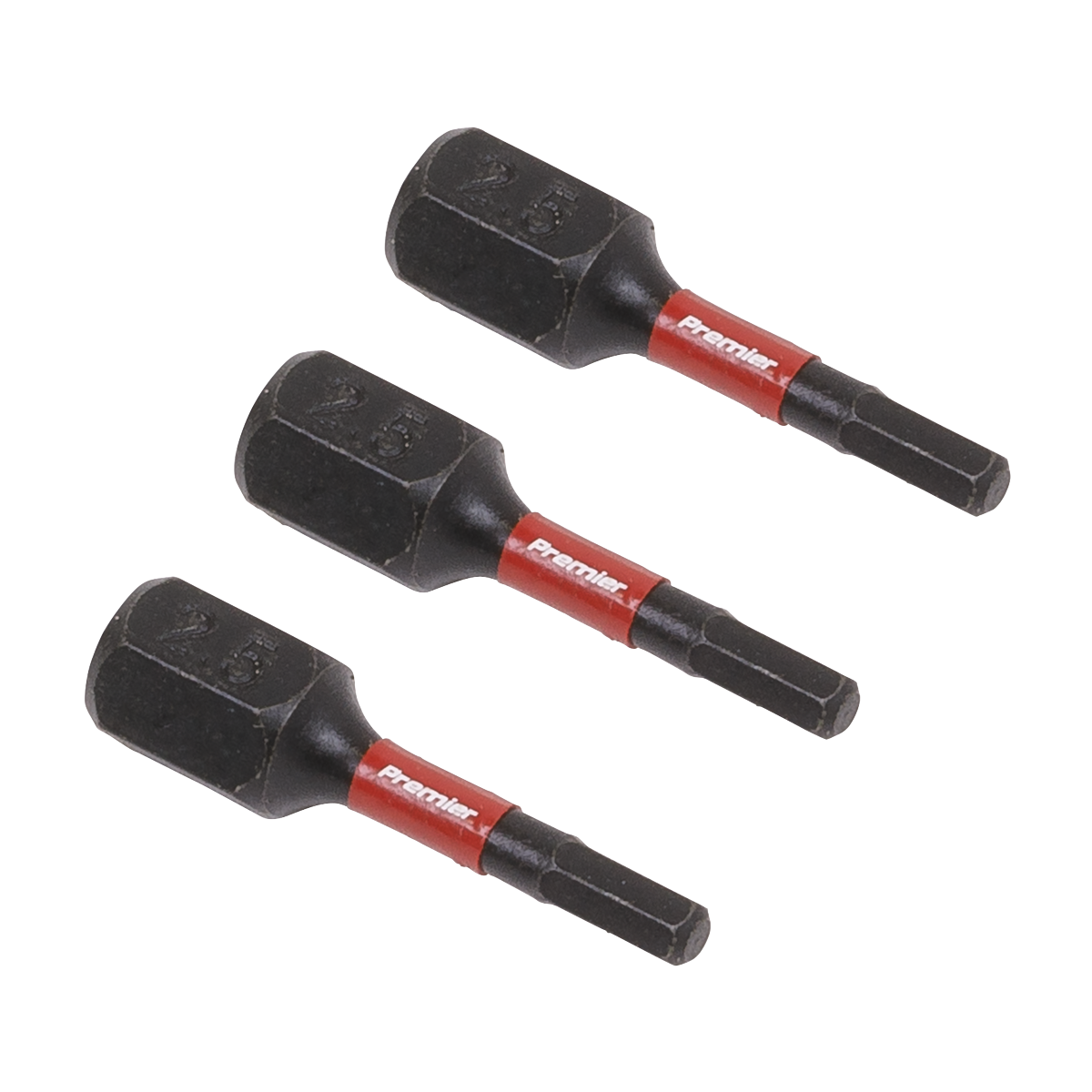 Three Sealey Hex 2.5mm Impact Power Tool Bits, each labeled "AK8210," featuring a hexagonal base and cylindrical shaft, crafted from high-quality S2 steel. These professional hand tools are designed to ensure durability and precision in demanding tasks.