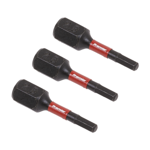 Three Sealey Hex 2.5mm Impact Power Tool Bits, each labeled "AK8210," featuring a hexagonal base and cylindrical shaft, crafted from high-quality S2 steel. These professional hand tools are designed to ensure durability and precision in demanding tasks.