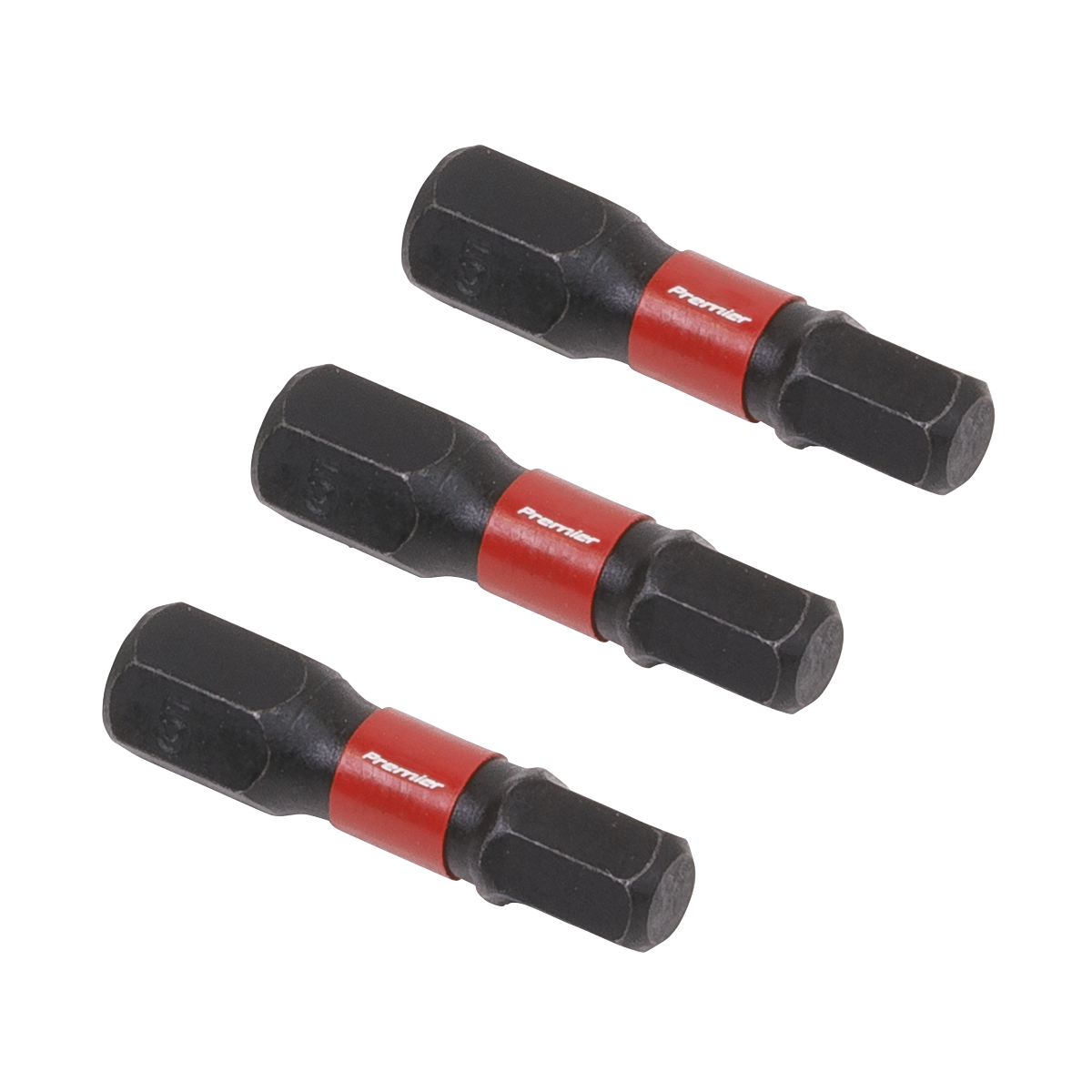 Three Sealey Hex 5mm Impact Power Tool Bits 25mm (AK8213) with red labels are arranged diagonally on a white background.