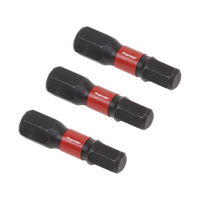 Three Sealey Hex 5mm Impact Power Tool Bits 25mm (AK8213) with red labels are arranged diagonally on a white background.
