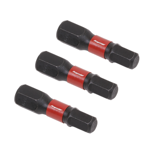 Three Sealey Hex 5mm Impact Power Tool Bits 25mm (AK8213) with red labels are arranged diagonally on a white background.