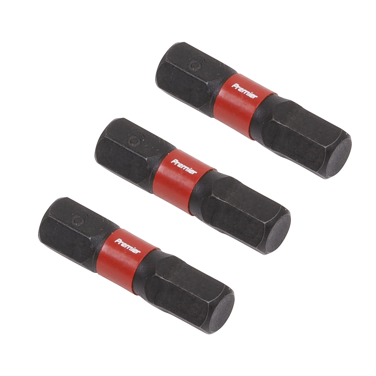 Three Hex 6mm Impact Power Tool Bits 25mm - 3pc (AK8214) by Sealey, featuring a black and red design and crafted from high-quality S2 steel, arranged in parallel on a white background.