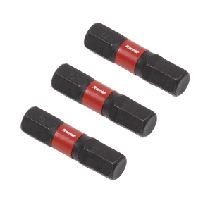 Three Hex 6mm Impact Power Tool Bits 25mm - 3pc (AK8214) by Sealey, featuring a black and red design and crafted from high-quality S2 steel, arranged in parallel on a white background.