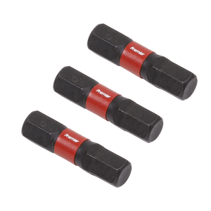 Three Hex 6mm Impact Power Tool Bits 25mm - 3pc (AK8214) by Sealey, featuring a black and red design and crafted from high-quality S2 steel, arranged in parallel on a white background.