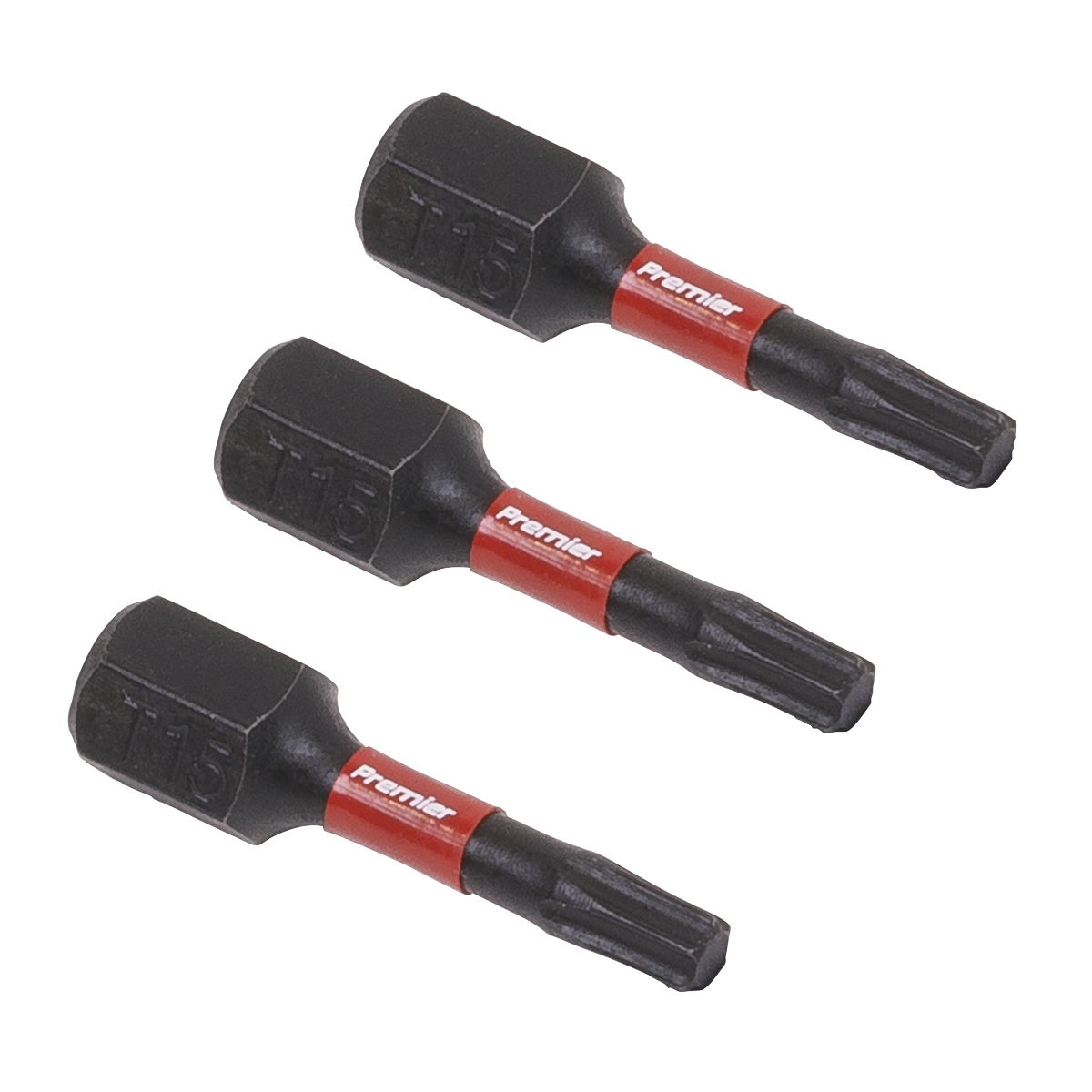 Three TRX-Star* T15 Impact Power Tool Bits by Sealey, each 25mm in length and labeled with "Premier," arranged in a row. These black and red bits are crafted from high-quality S2 steel, perfect for any professional hand tool kit.