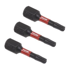 Three TRX-Star* T15 Impact Power Tool Bits by Sealey, each 25mm in length and labeled with "Premier," arranged in a row. These black and red bits are crafted from high-quality S2 steel, perfect for any professional hand tool kit.