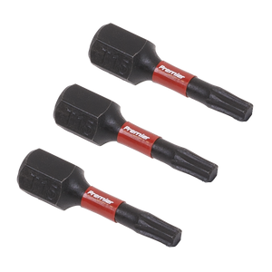 Three TRX-Star* T15 Impact Power Tool Bits by Sealey, each 25mm in length and labeled with "Premier," arranged in a row. These black and red bits are crafted from high-quality S2 steel, perfect for any professional hand tool kit.