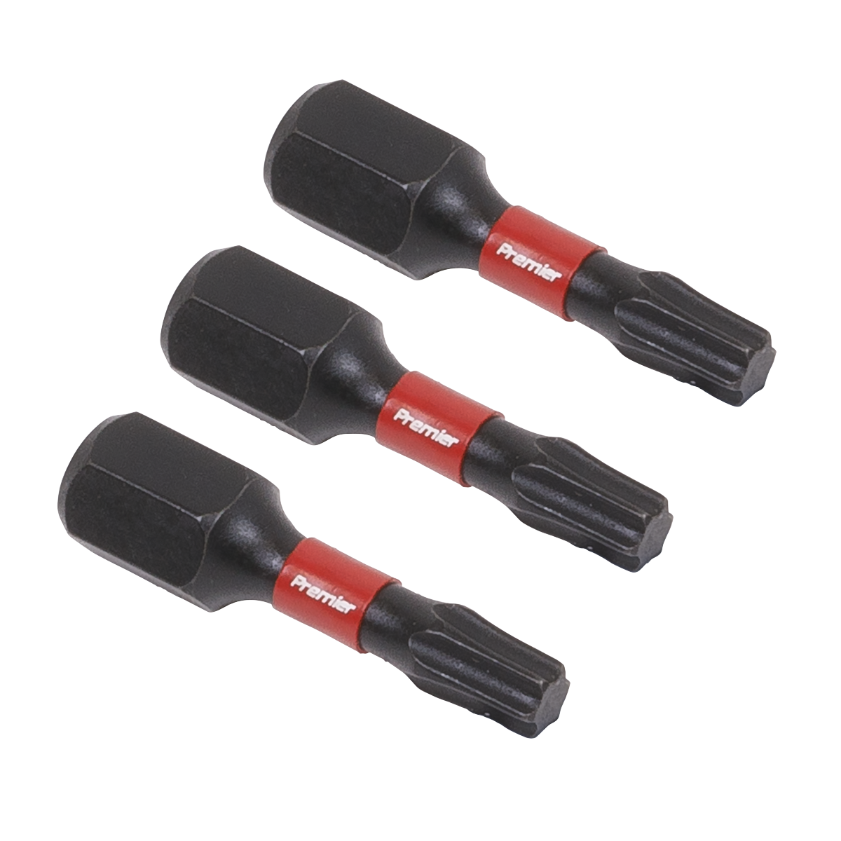 Three TRX-Star* T20 Impact Power Tool Bits by Sealey, each measuring 25mm, featuring hexagonal bases and star-shaped tips, crafted from high-quality S2 steel.