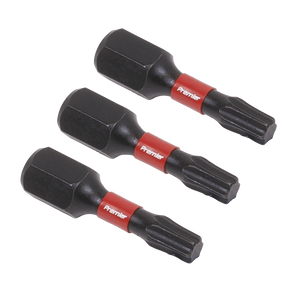 Three TRX-Star* T20 Impact Power Tool Bits by Sealey, each measuring 25mm, featuring hexagonal bases and star-shaped tips, crafted from high-quality S2 steel.