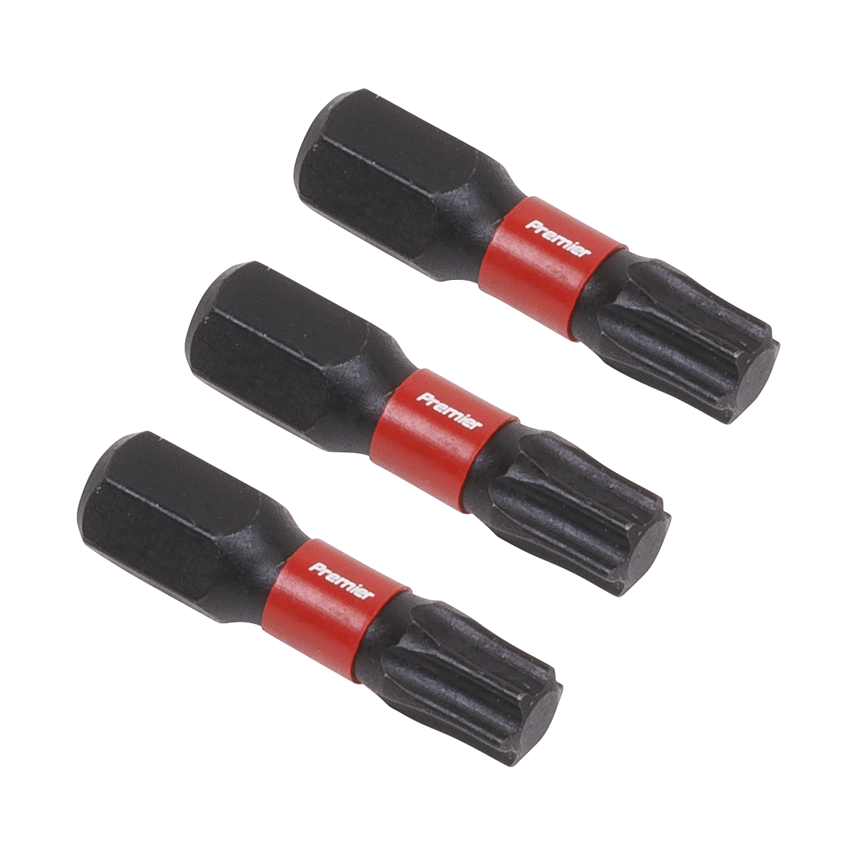 Three black and red Torx bit screwdriver heads, labeled "Sealey," arranged in a diagonal row on a white background. Crafted from high-quality S2 steel, these TRX-Star* T30 Impact Power Tool Bits 25mm from Sealey (AK8220) are impact-grade power tool bits guaranteed to elevate your toolkit.