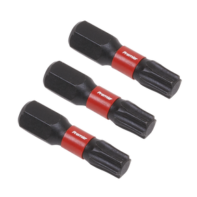 Three black and red Torx bit screwdriver heads, labeled "Sealey," arranged in a diagonal row on a white background. Crafted from high-quality S2 steel, these TRX-Star* T30 Impact Power Tool Bits 25mm from Sealey (AK8220) are impact-grade power tool bits guaranteed to elevate your toolkit.