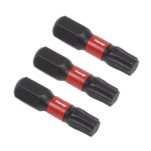 Three black and red Torx bit screwdriver heads, labeled "Sealey," arranged in a diagonal row on a white background. Crafted from high-quality S2 steel, these TRX-Star* T30 Impact Power Tool Bits 25mm from Sealey (AK8220) are impact-grade power tool bits guaranteed to elevate your toolkit.