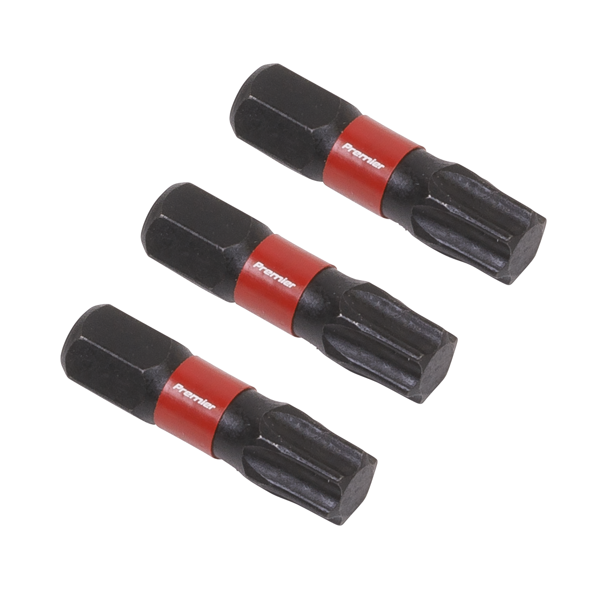 Three Sealey TRX-Star* T40 Impact Power Tool Bits, 25mm in length, from the AK8221 set are arranged horizontally on a white background. Each bit is black and red and crafted from high-quality S2 steel.