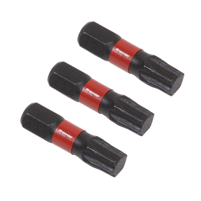 Three Sealey TRX-Star* T40 Impact Power Tool Bits, 25mm in length, from the AK8221 set are arranged horizontally on a white background. Each bit is black and red and crafted from high-quality S2 steel.