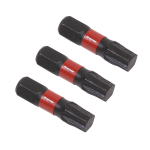 Three Sealey TRX-Star* T40 Impact Power Tool Bits, 25mm in length, from the AK8221 set are arranged horizontally on a white background. Each bit is black and red and crafted from high-quality S2 steel.