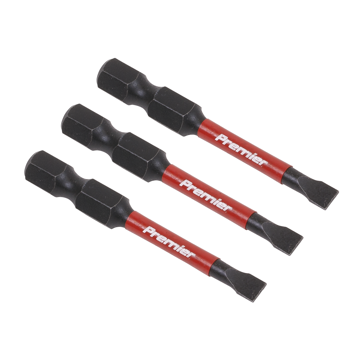 Three identical Slotted 4.5mm Impact Power Tool Bits 50mm by Sealey, with black tips and red and black shafts labeled "Premier," are crafted from durable S2 steel, making them professional hand tools designed to handle any task.