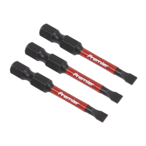 Three identical Slotted 4.5mm Impact Power Tool Bits 50mm by Sealey, with black tips and red and black shafts labeled "Premier," are crafted from durable S2 steel, making them professional hand tools designed to handle any task.