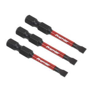 Three identical Slotted 4.5mm Impact Power Tool Bits 50mm by Sealey, with black tips and red and black shafts labeled "Premier," are crafted from durable S2 steel, making them professional hand tools designed to handle any task.