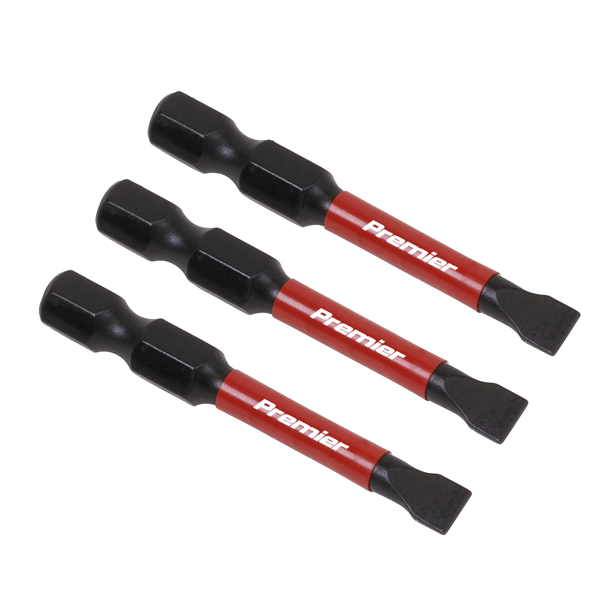 Three red and black Sealey Slotted 5.5mm Impact Power Tool Bits 50mm - AK8227, made from high-quality S2 steel, are arranged horizontally.