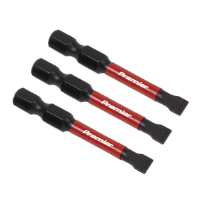 Three red and black Sealey Slotted 5.5mm Impact Power Tool Bits 50mm - AK8227, made from high-quality S2 steel, are arranged horizontally.