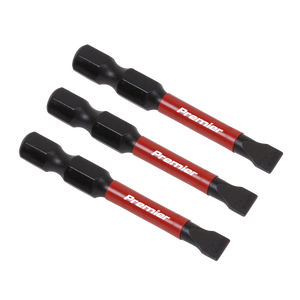 Three red and black Sealey Slotted 5.5mm Impact Power Tool Bits 50mm - AK8227, made from high-quality S2 steel, are arranged horizontally.