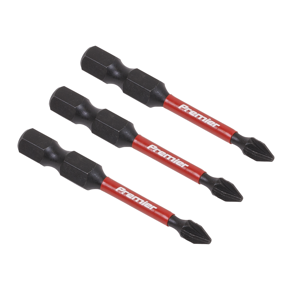 Three black and red Pozi #1 Impact Power Tool Bits, measuring 50mm each, crafted from S2 steel with the brand name "Sealey" written on them, are arranged in a parallel line.