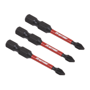 Three black and red Pozi #1 Impact Power Tool Bits, measuring 50mm each, crafted from S2 steel with the brand name "Sealey" written on them, are arranged in a parallel line.