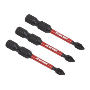 Three black and red Pozi #1 Impact Power Tool Bits, measuring 50mm each, crafted from S2 steel with the brand name "Sealey" written on them, are arranged in a parallel line.