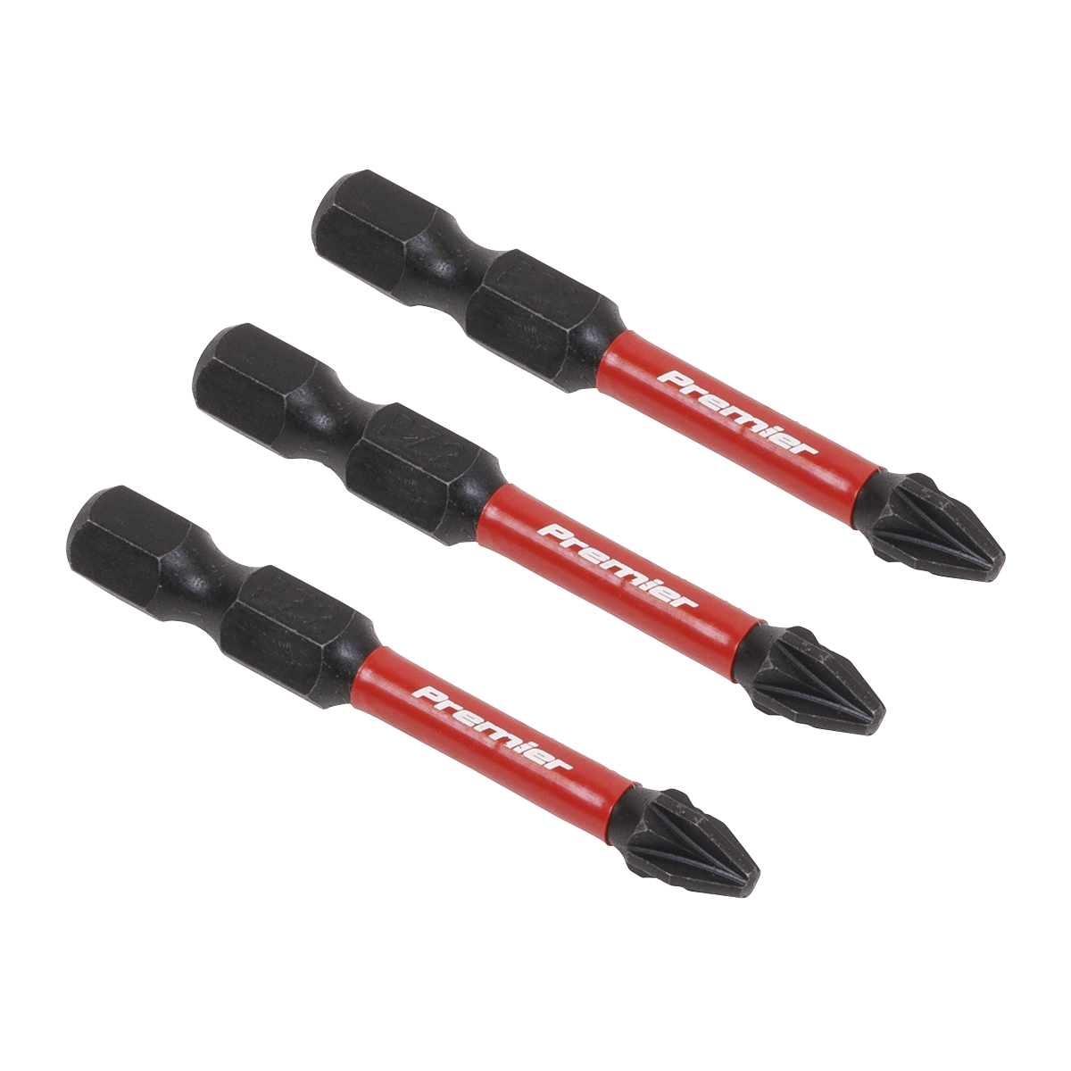 Three Sealey Pozi #2 Impact Power Tool Bits, each 50mm in length and meticulously crafted from high-quality S2 steel, are aligned diagonally against a white background.