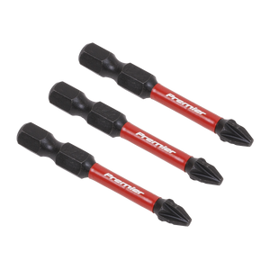 Three Sealey Pozi #2 Impact Power Tool Bits, each 50mm in length and meticulously crafted from high-quality S2 steel, are aligned diagonally against a white background.