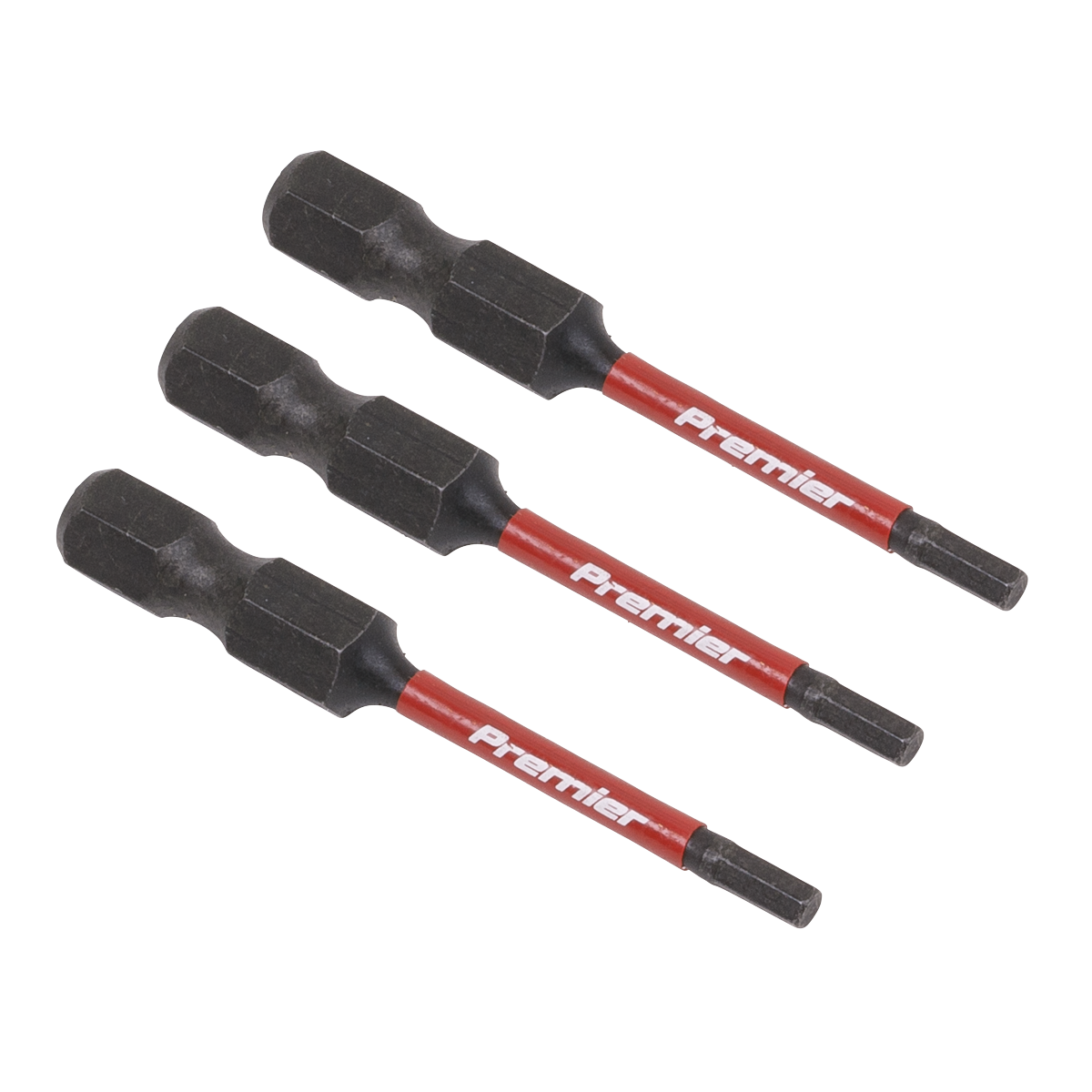 Three Hex 2.5mm Impact Power Tool Bits from Sealey, each measuring 50mm and labeled "AK8235," are aligned side by side with their black tips and red shafts, designed for professional use.