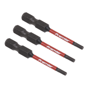 Three Hex 2.5mm Impact Power Tool Bits from Sealey, each measuring 50mm and labeled "AK8235," are aligned side by side with their black tips and red shafts, designed for professional use.