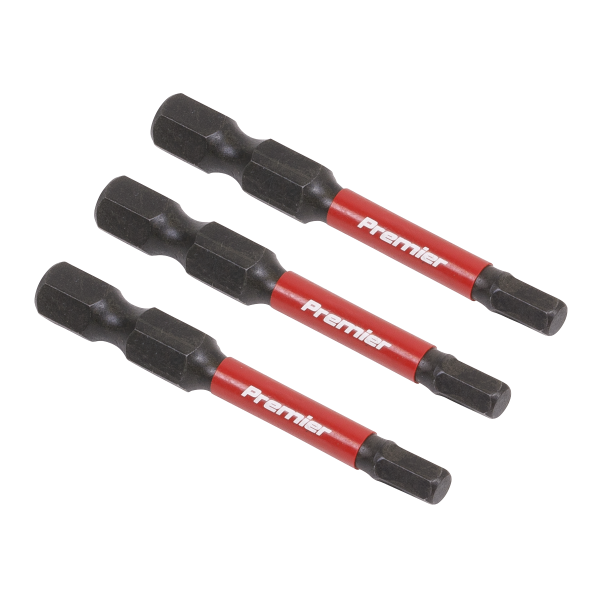 Three black and red "Sealey" branded Hex 4mm Impact Power Tool Bits 50mm - 3pc - AK8237 aligned horizontally.