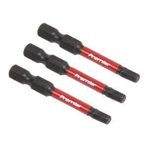 Three black and red "Sealey" branded Hex 4mm Impact Power Tool Bits 50mm - 3pc - AK8237 aligned horizontally.