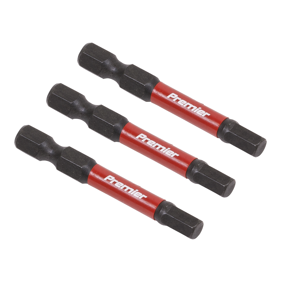 The Sealey Hex 5mm Impact Power Tool Bits 50mm - 3pc, crafted from high-quality S2 steel, feature the word "Premier" written on their red sections.