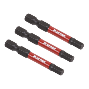 The Sealey Hex 5mm Impact Power Tool Bits 50mm - 3pc, crafted from high-quality S2 steel, feature the word "Premier" written on their red sections.